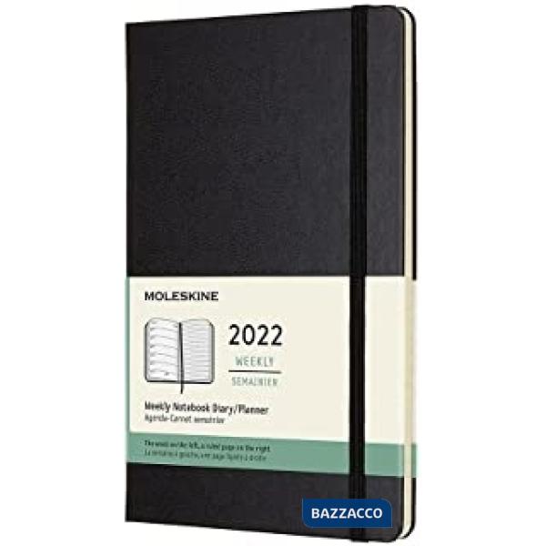 12 months, weekly notebook. Large, hard cover, black