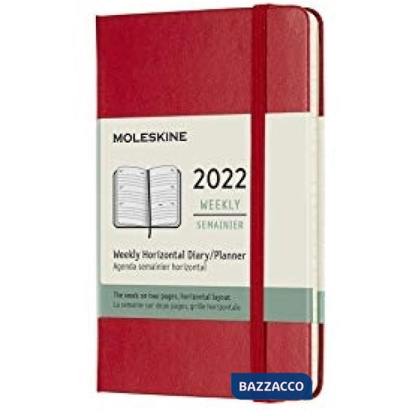 12 months, weekly horizontal. Pocket, hard cover, scarlet red