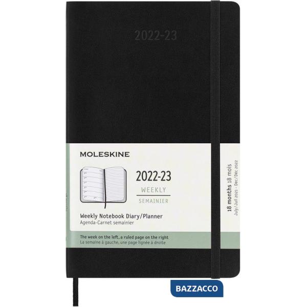 18 months, weekly notebook. Large, soft cover, black