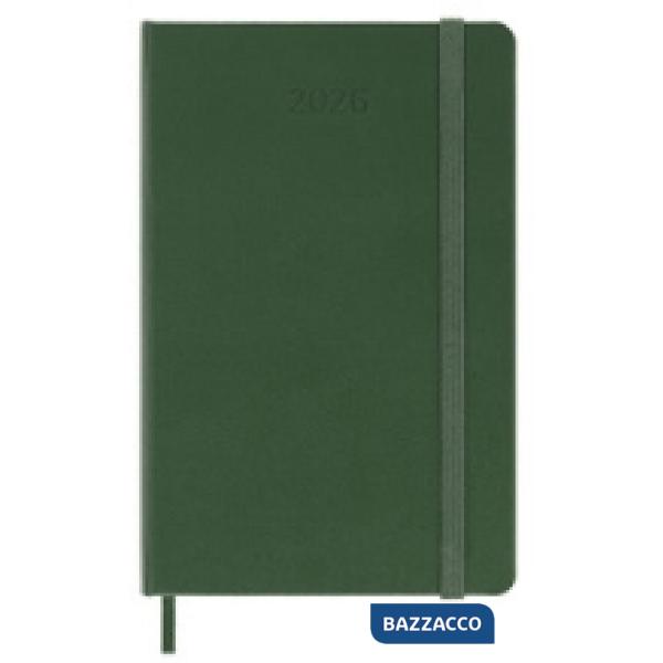 12 months, daily. Pocket, hard cover, myrtle green