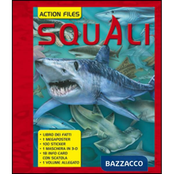 Squali. Con 18 info card con scatola. Con maschera 3D. Con megaposter. Con 100 sticker