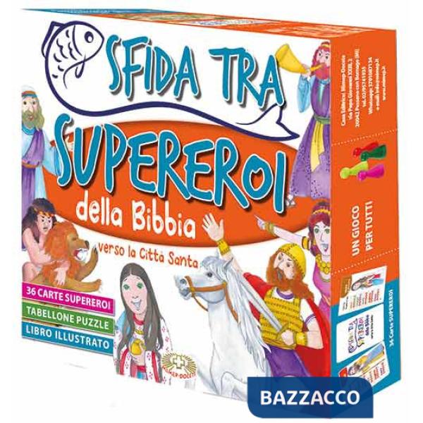 Sfida tra supereroi della Bibbia. Verso la Città Santa. Con 4 segnaposto e 1 dado. Con tabellone puzzle. Con 36 Carte
