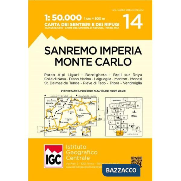 Carte n. 14 San Remo, Imperia, Monte Carlo 1:50.000. Carta dei sentieri e dei rifugi