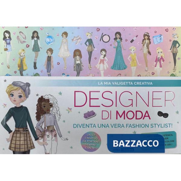 Mia valigetta creativa. Designer di moda. Con 3 fogli stencil. Con 3 fogli sticker. Con matita. Con 4 pastelli doppio colore. Co