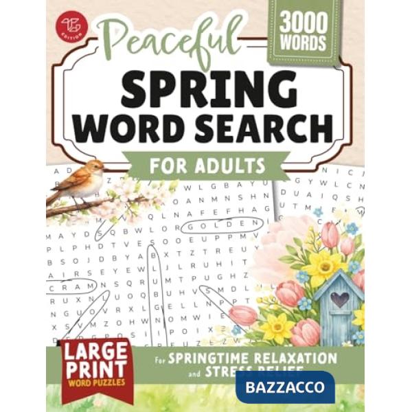 Peaceful spring word search for adults. Large print word puzzles for springtime relaxation and stress relief